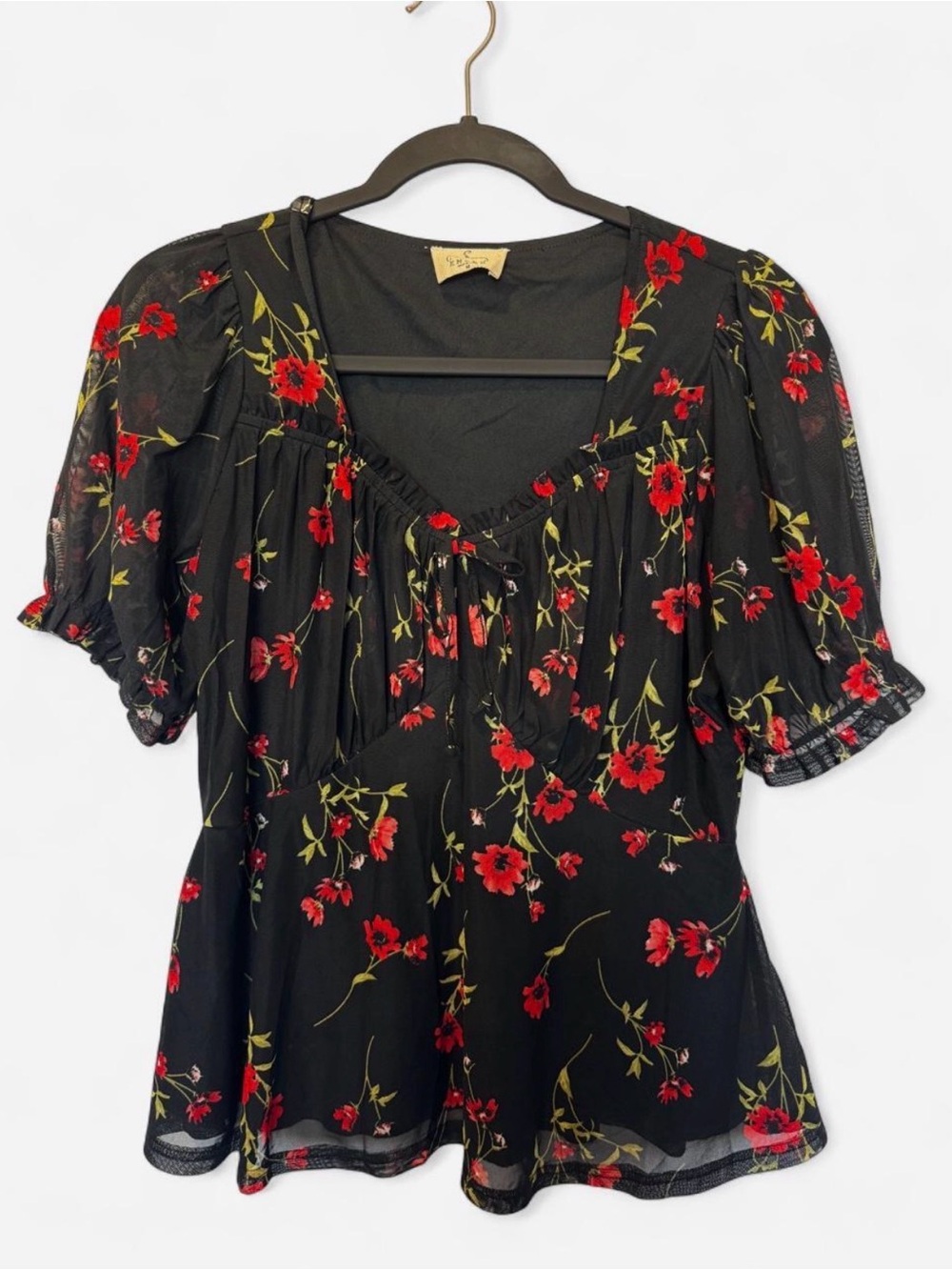 Black Floral Peasant Blouse with Red Flowers M Whimsigoth Moody Coquette